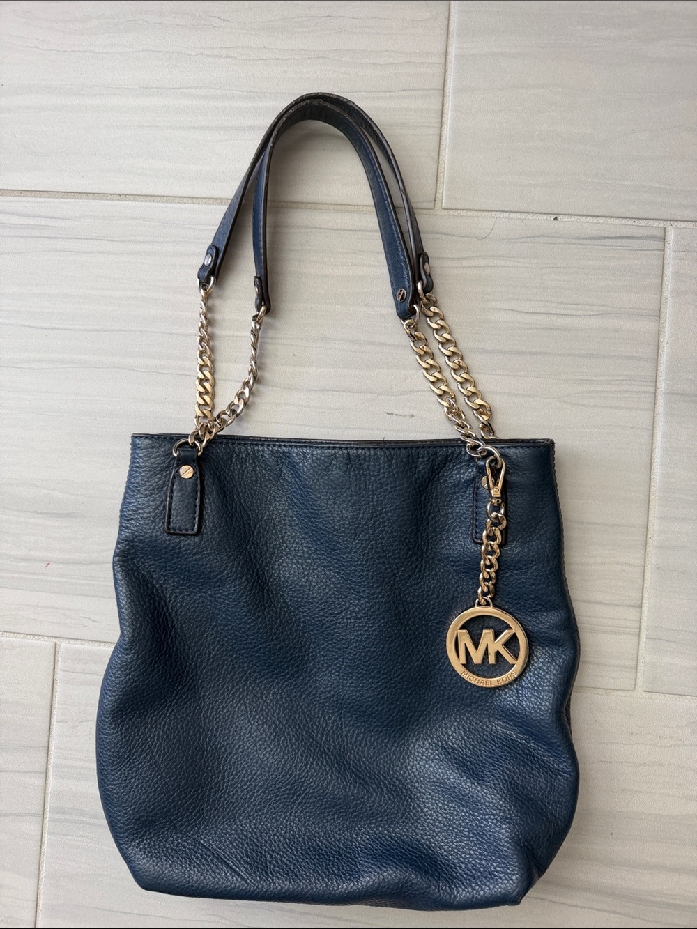Michael Kors Dark Navy Pebbled Leather Tote with Gold MK Charm VNTG